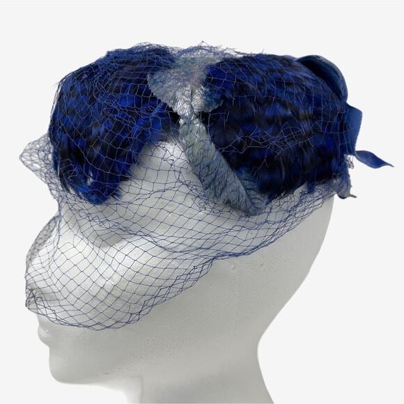 Blue Velvet Fascinator Feather Silk Leaf Caplet Half Hat Whimsy Vintage 50s 60s - Picture 1 of 7
